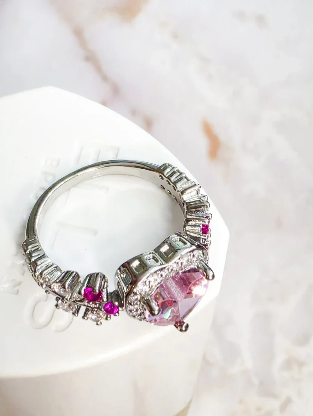 Vintage-Inspired Pink Sapphire Heart Statement Ring Size 8